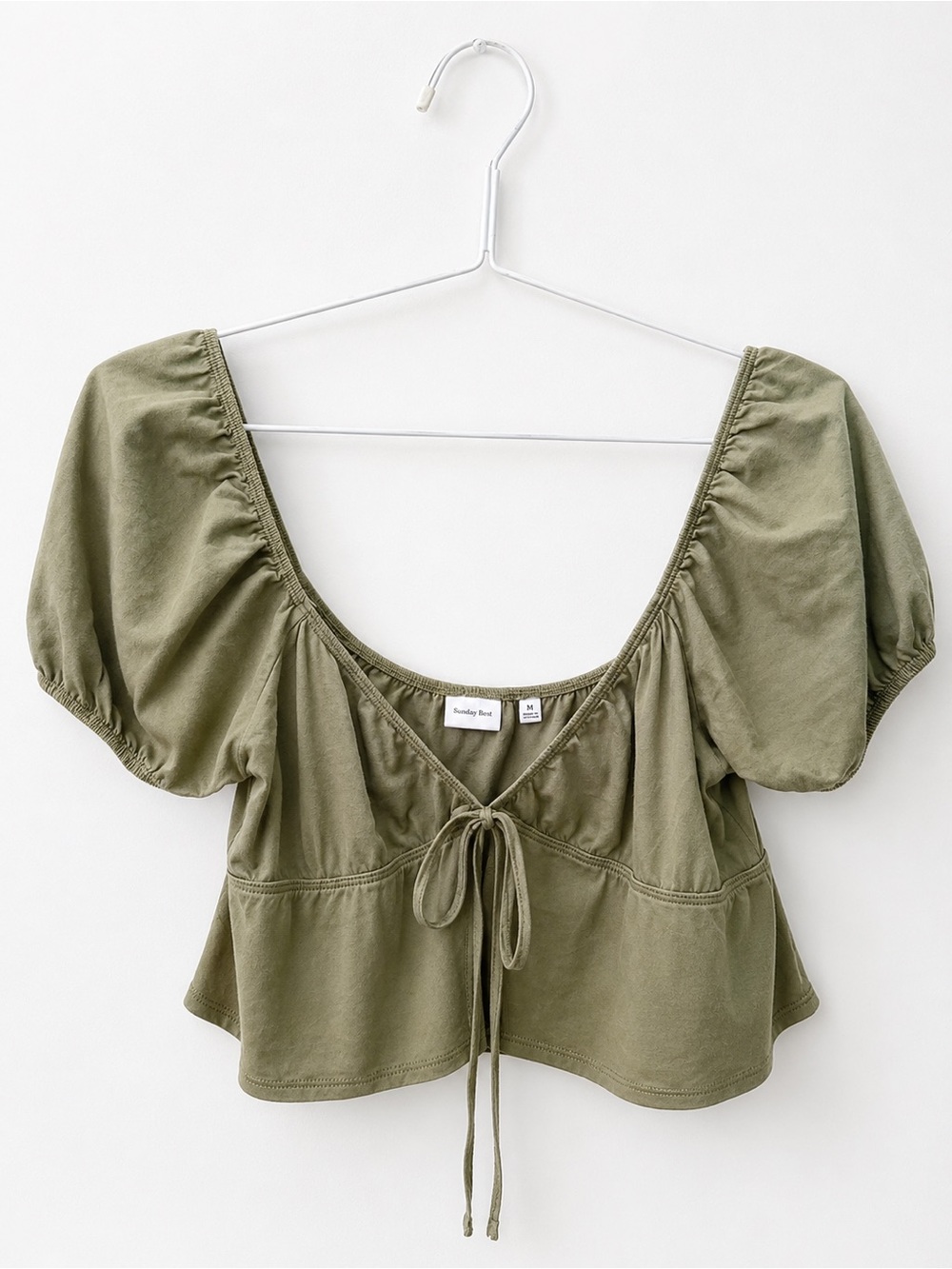 Sunday Best Olive Tie-Front Puff Sleeve Crop Top